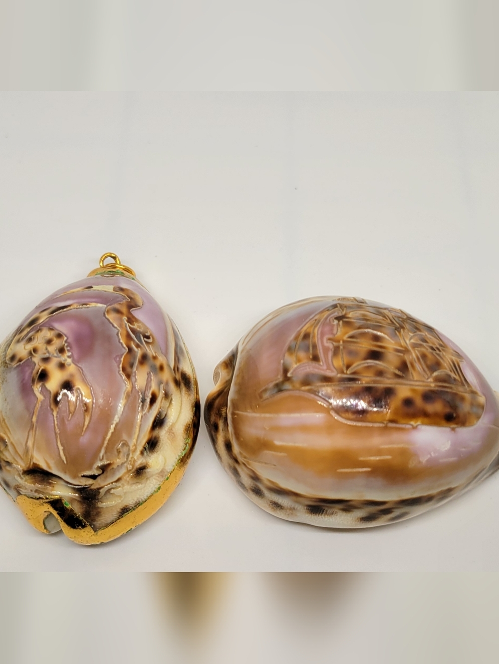 2 Vintage Carved Shells Crane Birds And Carved Boat Shell Seashell Conch